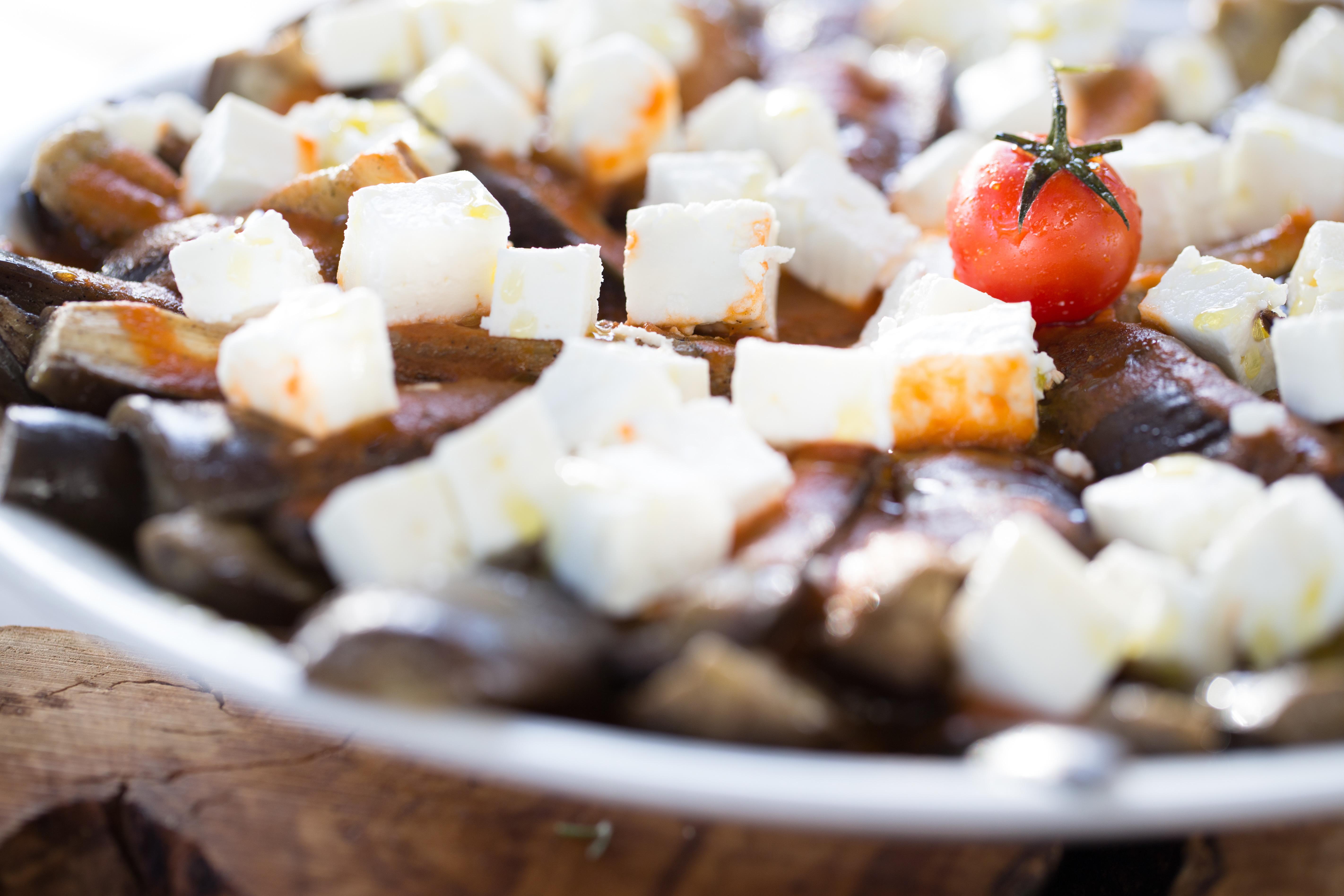 Almyra Hotel Paphos Kültér fotó Aubergine, feta cheese and tomato salad